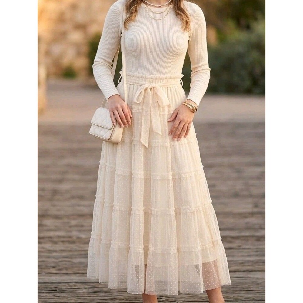BTFBM Women Mesh Tulle Maxi Skirt Tiered Boho Whimsigoth Cream Tan Swiss Dot
